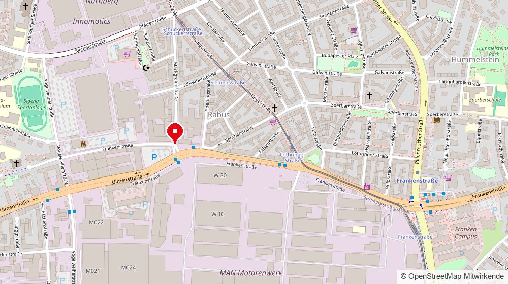 Karte mit dem Standort der ESS Elektrische Anlagen GmbH in der Markgrafenstraße 36-39 in Nürnberg